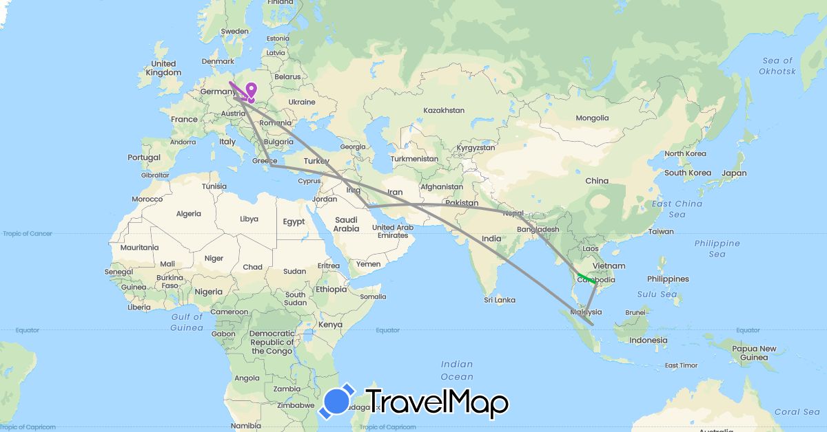TravelMap itinerary: driving, bus, plane, train in Czech Republic, Germany, Greece, Cambodia, Kuwait, Malaysia, Nepal, Poland, Singapore, Thailand (Asia, Europe)